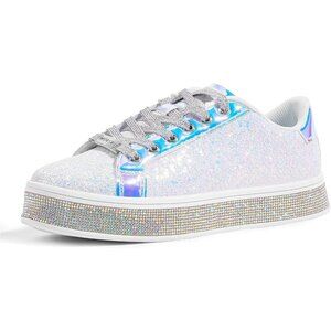 LUCKY STEP Womens White Glitter Sneakers Sparkly Bedazzled Wedding Bridal Shoes